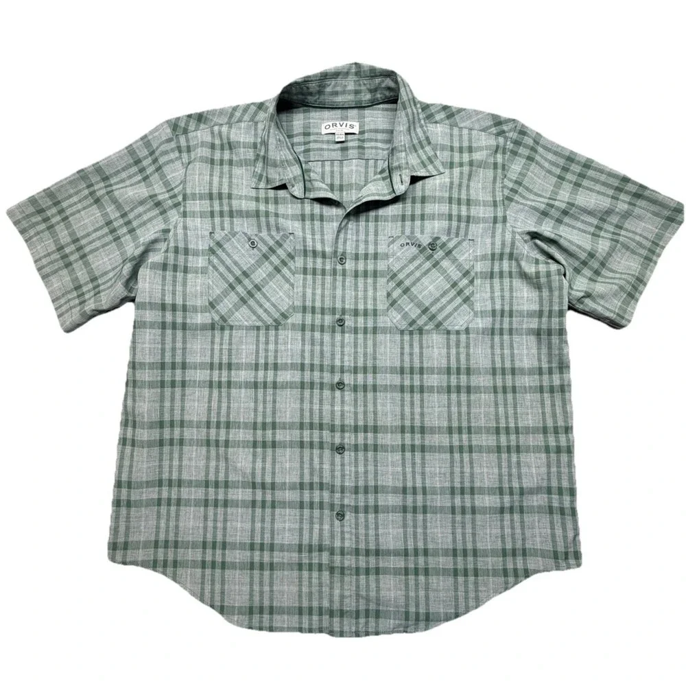 Orvis Shirt Mens XXL Green Plaid Button Up Short Sleeve Casual Outdoor‎